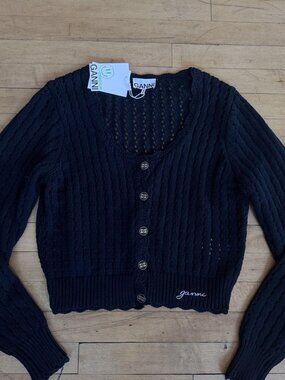 NWT Ganni Black Pointelle Cable Knit Cropped Cardigan Scalloped Hem Size L